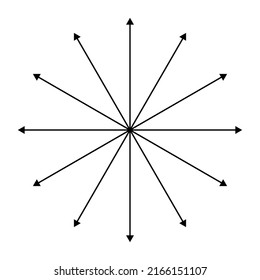 Flechas radiales, radiales, de expansión. Icono de difusión, extensión, propagación y emisión, símbolo