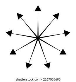 Flechas radiales, radiales, de expansión. Icono de difusión, extensión, propagación y emisión, símbolo