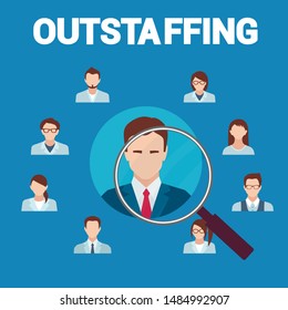 Outstaffing Banner Flat Cartoon Vector Illustration. Open Vacancy. Recruitment Agency. Outsourcing Candidates, Applicants Searching for Job Opportunities. Magnifying Glass on Applicant.