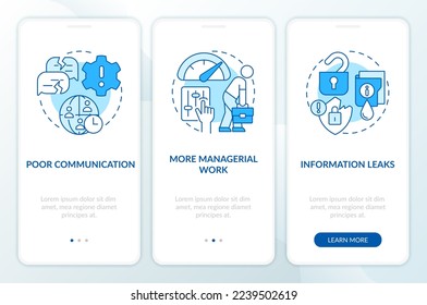 Outstaffing drawbacks blue onboarding mobile app screen. More work walkthrough 3 steps editable graphic instructions with linear concepts. UI, UX, GUI template. Myriad Pro-Bold, Regular fonts used