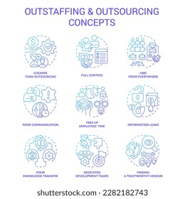 Outstaffing and outsourcing blue gradient concept icons set. Hiring contract employees remotely idea thin line color illustrations. Isolated symbols. Roboto-Medium, Myriad Pro-Bold fonts used