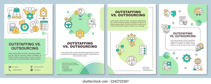Outstaffing and outsourcing difference green brochure template. Leaflet design with linear icons. Editable 4 vector layouts for presentation, annual reports. Arial-Bold, Myriad Pro-Regular fonts used
