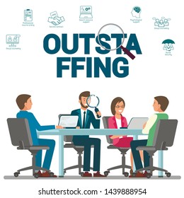 Outstaffing at Workplace Vector Banner Template. HR Expert, Recruiter Searching for Relevant Candidate Cartoon Characters. Recruiting Agency Outsourcing Services Promotional Poster Layout