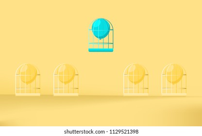 Outstanding balloon inside cage float up on yellow background. Business advantage opportunities and success concept. Uniqueness, leadership, independence, initiative, strategy, dissent