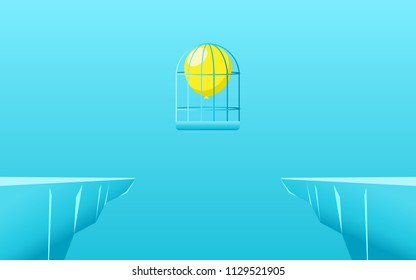 Outstanding balloon inside cage float up through the gap obstacles between hill. Business advantage opportunities and success concept. Uniqueness, leadership, independence, initiative, strategy