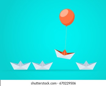 Outstanding the Boat rises above with balloon.Business advantage opportunities and success concept.Uniqueness,leadership,independence,initiative,strategy, dissent, think different. Vector Illustration