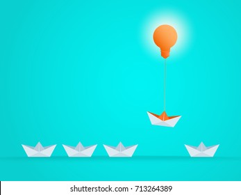 Outstanding the Boat rises above with light bulb idea. Business advantage opportunities and success concept. Uniqueness, leadership, independence, initiative, think different. Vector Illustration