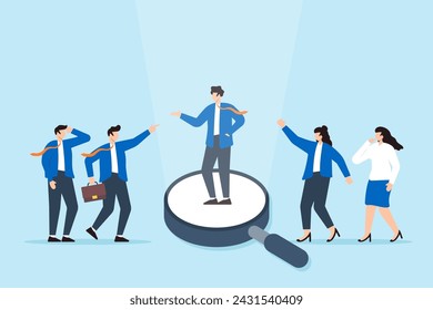 Outstanding businessman stands out on magnifying glass among applicants, illustrating chosen candidate for a new job. Concept of HR or human resources, selecting employment and recruitment process