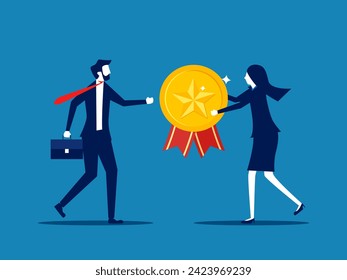 Outstanding employee award. Business boss gives gold star badge to the best employee 