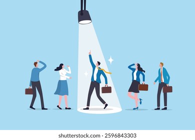 Outstanding employee or spotlight winning candidate, talent recruitment or best employee, job opportunity vacancy, HR hiring, candidate selection concept, winner job candidate with spotlight shining.