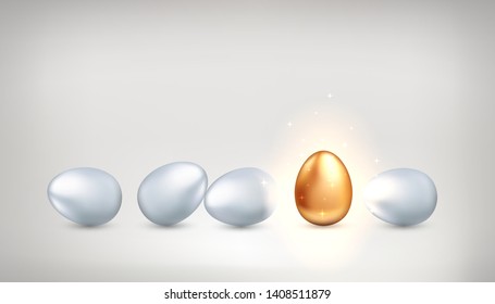 Outstanding golden egg among ordinary white eggs, the concept of exclusivity, creativity, success. Bright personality, successful personality. Vector illustration