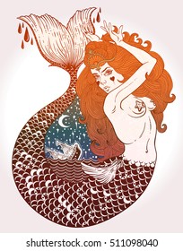 Outstanding hand-draw work of a tattoed-body mermaid in new old school style. Template for invitation, scrap booking,  t-shirt, tattoo art, postcard, coloring books. 