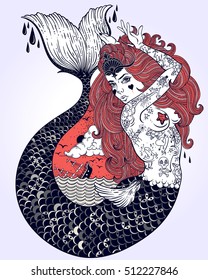 Outstanding Hand-draw Work Of A Tattoed-body Mermaid In New Old School Style. Template For Invitation, Scrap Booking, Print For T-shirt, Tattoo Art, Postcard, Coloring Books. Vector Illustration.