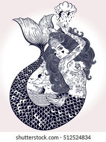 Outstanding hand-draw work of a tattoed-body mermaid in new old school style. Template for invitation, scrap booking, print for t-shirt, tattoo art, postcard, coloring books. Vector illustration.