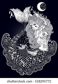 Outstanding hand-draw work of a tattoed-body mermaid in new old school style. Template for invitation, scrap booking, print for t-shirt, tattoo art, postcard, coloring books. Vector illustration.