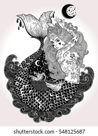 Outstanding hand-draw work of a tattoed-body mermaid in new old school style. Template for invitation, scrap booking, print for t-shirt, tattoo art, postcard, coloring books. Vector illustration.