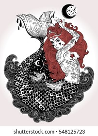 Outstanding hand-draw work of a tattoed-body mermaid in new old school style. Template for invitation, scrap booking, print for t-shirt, tattoo art, postcard, coloring books. Vector illustration.