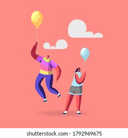 Outstanding Individuality, Be Unique Concept. Male Character in Colorful Rainbow Clothes Flying on Yellow Balloon above Woman in Blue Shirt and Balloon Standing on Ground. Cartoon Vector Illustration