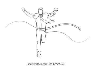 outstanding office worker.becoming a champion in the work environment.portrait of successful worker.worker man running and cutting ribbon.continuous line vector