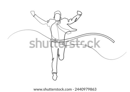 outstanding office worker.becoming a champion in the work environment.portrait of successful worker.worker man running and cutting ribbon.continuous line vector