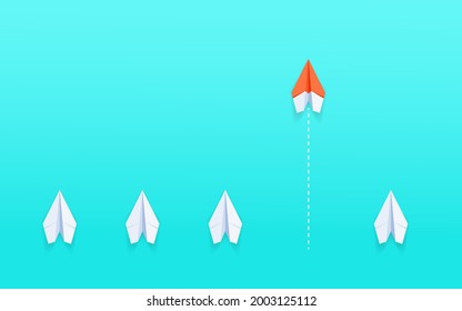 Outstanding the orange paper plane unique and standing out of the crowd. Business advantage opportunities and success concept. Vector Illustration