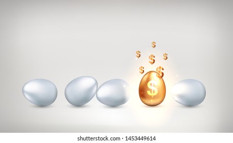 Outstanding unique golden egg with golden dollar symbols among ordinary white eggs, concept of forecasting financial and investment success, choice of venture capital investment. Vector illustration