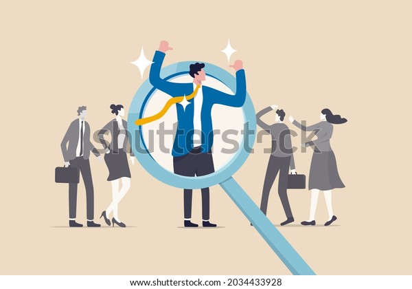 Outstanding winner candidate for job\
position, stand out from the crowd, notable, different or distinct\
person concept, confidence businessman stand out on human resource\
magnifying glass\
recruitment.