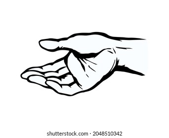 Outstretch forearm plead action on white paper space for text. Freehand outline black ink drawn stretch girl body want choice logo pictogram emblem in retro art doodle cartoon style. Closeup side view