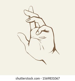 Outstretch forefinger buy index on white background. Outline black ink drawn car way law halt women wrist logo pictogram emblem in retro art doodle cartoon style on paper space for text. Close up view