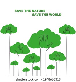 Brazos extendidos, levantados como árboles. Piensa en verde. Concepto de ecología. Proteger la naturaleza, salvar la bandera del mundo. Estilo plano. Ilustración del vector