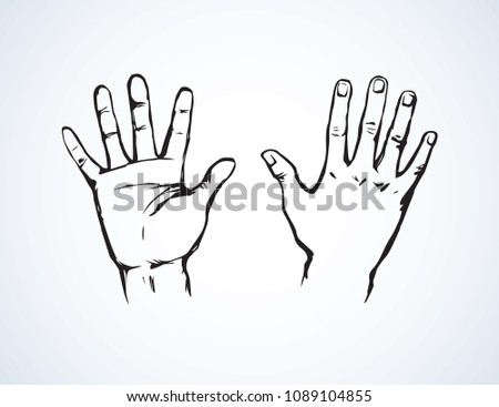 Outstretched child handprint forearm on light backdrop. Freehand line black ink drawn picture logo emblem sketchy in retro art scribble contour style pen on paper. Closeup top view with space for text
