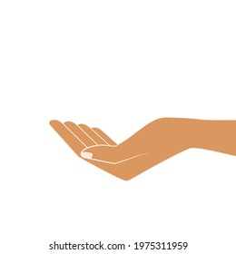 Outstretched cupped hand of young woman. Isolated vector illustration on white background.