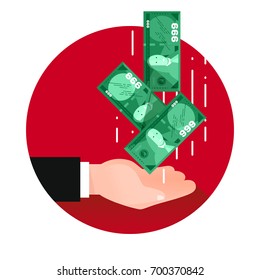 Outstretched hand with dollars (money) falling in. Red background, multiple exposure. Modern flat 2.0 style