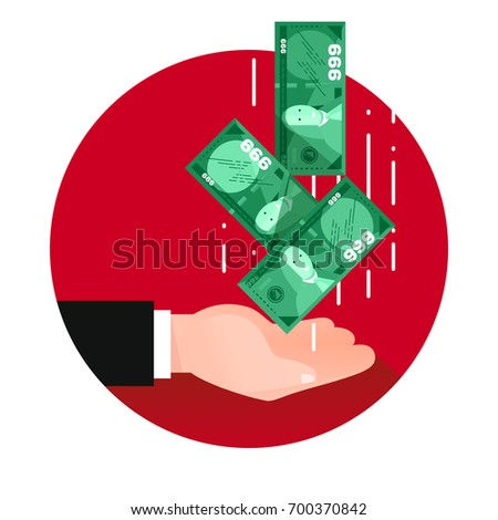 Outstretched hand with dollars (money) falling in. Red background, multiple exposure. Modern flat 2.0 style