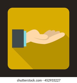Outstretched hand gesture icon in flat style on a yellow background