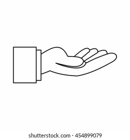 Outstretched hand gesture icon in outline style isolated vector illustration