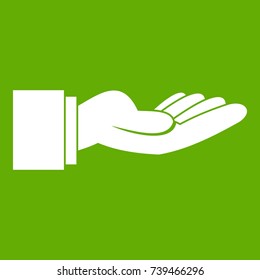 Outstretched hand gesture icon white isolated on green background. Vector illustration