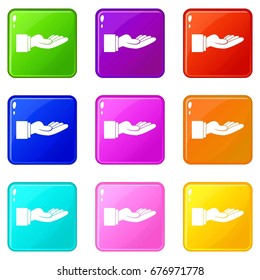 Outstretched hand gesture icons of 9 color set isolated vector illustration