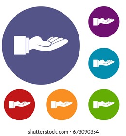 Outstretched hand gesture icons set in flat circle reb, blue and green color for web