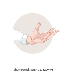 Outstretched hand.  Hand gesture  to showcase objects. Empty space, vector template for demonstrations.