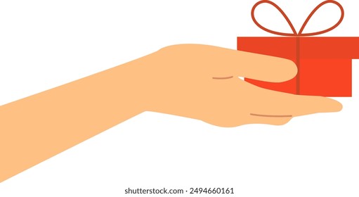 An outstretched hand holding red box with a bow vector illustration. 