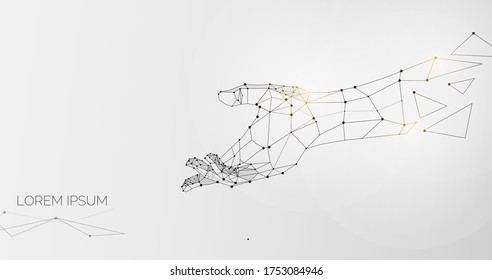 Outstretched hand made of lines, dots and triangles over grey background, illustration, panorama with free space