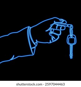 An Outstretched Hand Offers a Car Key, Signifying Innovative Mobility and Dynamic Opportunities in the Modern Automotive Market icon neon glow vector illustration concept