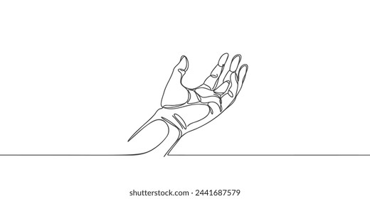 Outstretched hand or palm. One line drawing vector illustration.