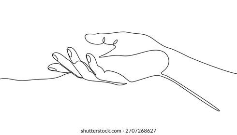 Mano extendida, gesto de dar o recibir, en estilo de arte continuo de una línea. Boceto de figura con trazo negro editable sobre fondo blanco. Ilustración vectorial.