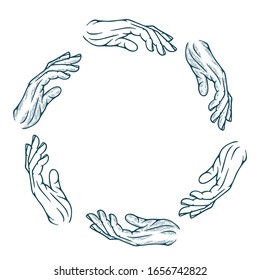 Outstretched hand palms vector illustrations set in different drawing styles. Part of set.