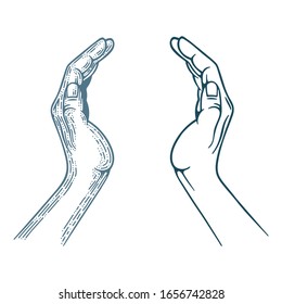 Outstretched Hand Palms Vector Illustrations Set In Different Drawing Styles. Part Of Set.