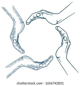 Outstretched hand palms vector illustrations set in different drawing styles. Part of set.