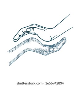 Outstretched hand palms vector illustrations set in different drawing styles. Part of set.