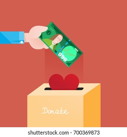 Outstretched hand putting a dollar bill to a charity box (donation, donate). Red heart in a paper box. Red background, modern, flat 2.0 style